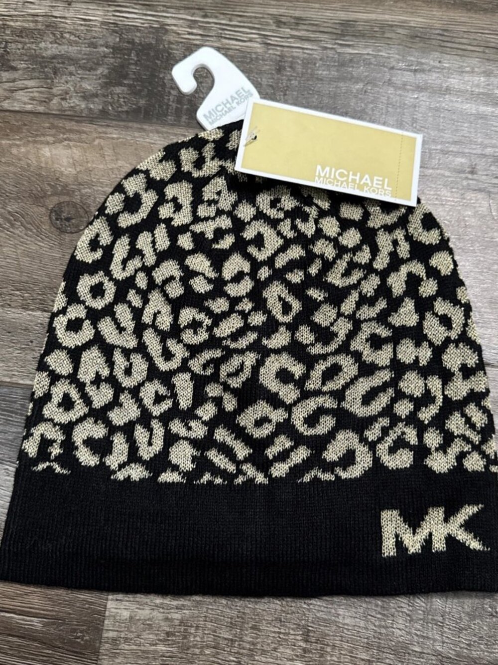 NWT Michael Kors Metallic Leopard Knit Beanie Black Gold Shimmer MSRP $48